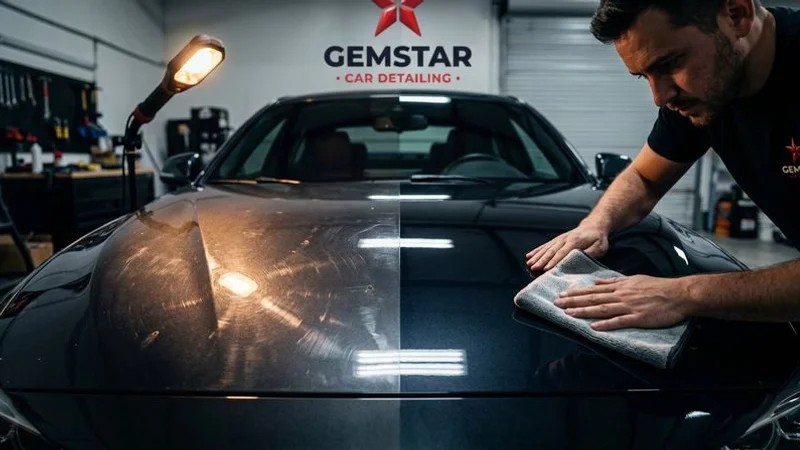 Before and after comparison of paint correction on vehicle hood