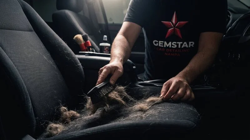 Before and after comparison showing pet hair removed from back seat