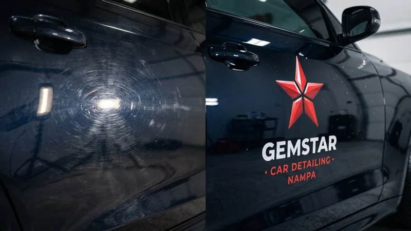 Before and after paint correction showing swirl removal