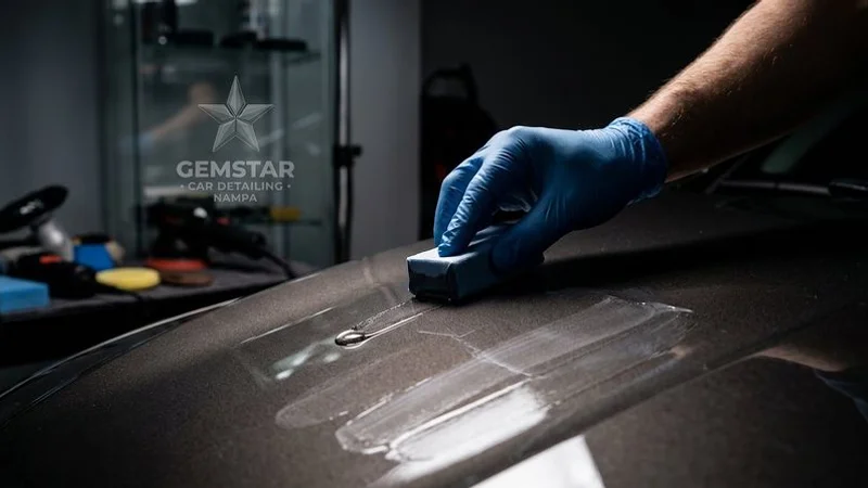 Ceramic coating being applied to vehicle panel