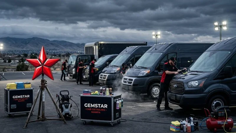 Commercial fleet vehicles being detailed at business location