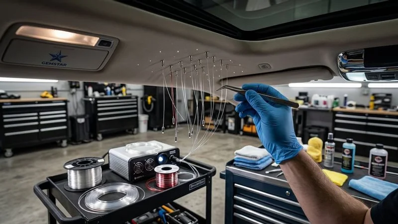 Close up of fiber optic strands being threaded through headliner fabric