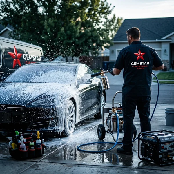 Mobile detailing unit set up at customer's home with professional equipment
