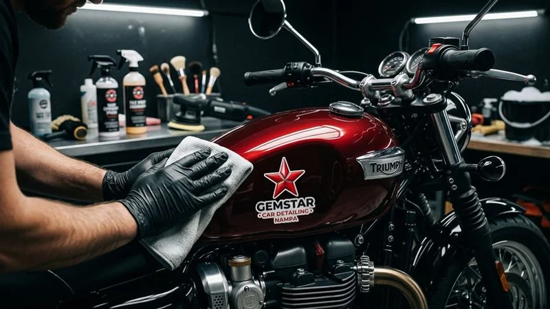 Motorcycle receiving professional detail with paint protection