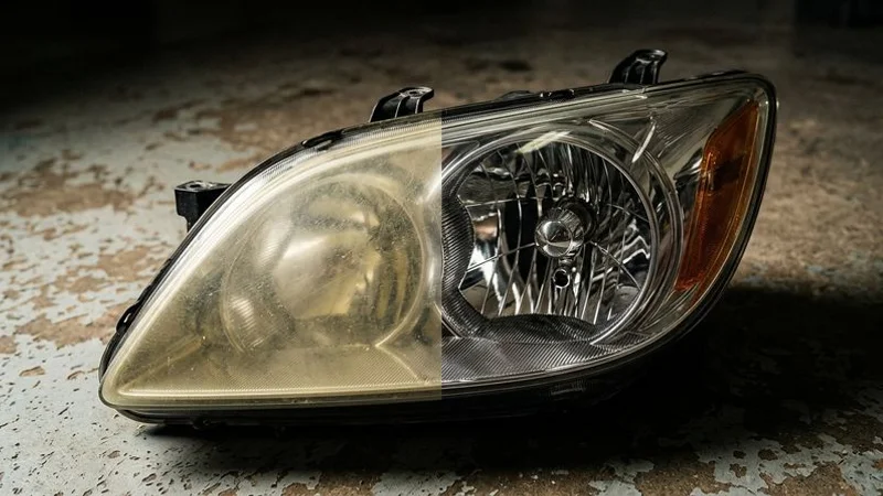 Side by side comparison of oxidized and restored headlight lenses