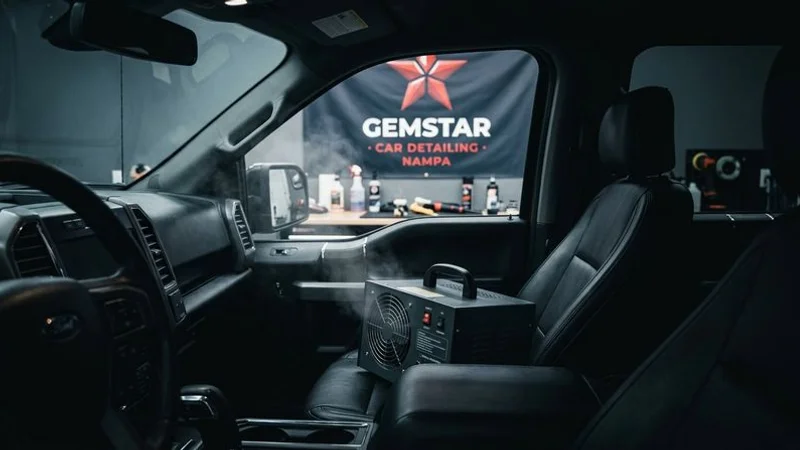 Commercial ozone generator positioned inside vehicle for smoke treatment