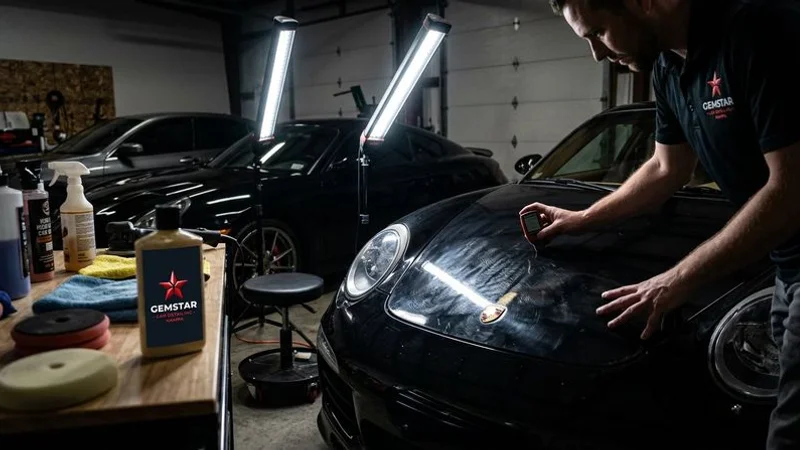 Paint inspection under professional LED lighting showing swirl marks