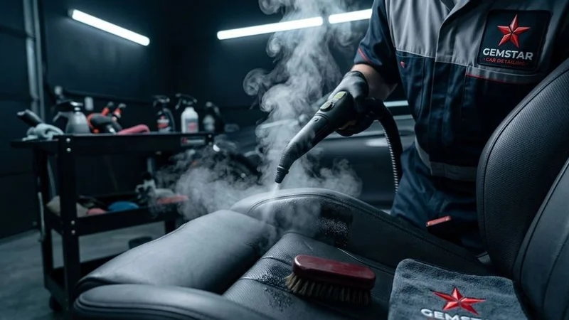 Professional interior detailing technician cleaning car seats in Nampa