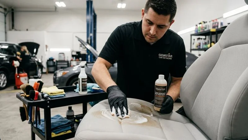 Enzymatic stain treatment being applied to car seat fabric