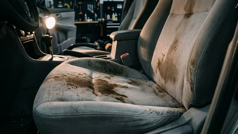 Musty car interior with visible stains on seats