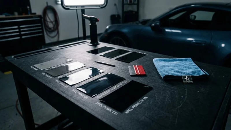 Window tint film being applied and squeegeed onto car window